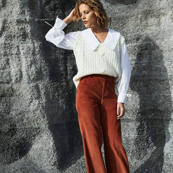 NWT-Grace & Mila Paris Dante Super High Rise Corduroy Flare Leg Pant Rust Small - Picture 3 of 9